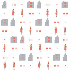 Pattern with people. A girl is walking down the street. Vector flat city infographics. 2D image to use as entourage.