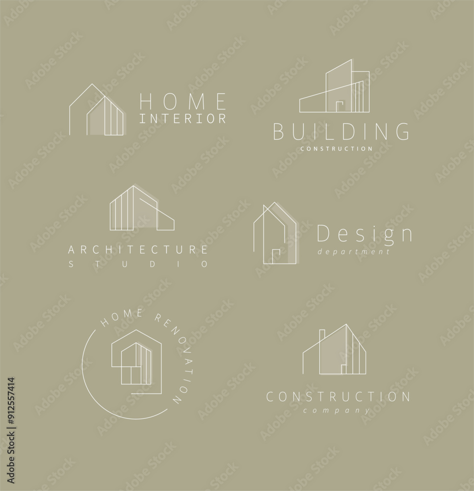 Wall mural Building and house labels with lettering drawing in modern linear style on khaki background