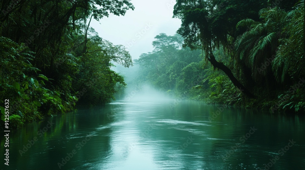 Poster a forest with a river running through it