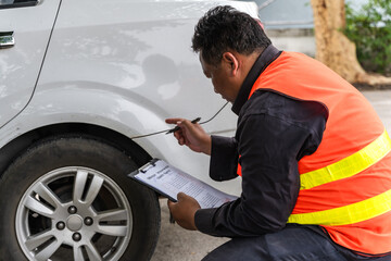 Fototapeta premium Asian insurance agent man inspecting car damages for insurance claiming