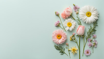 Fototapeta premium A colorful bouquet of flowers is arranged on a green background