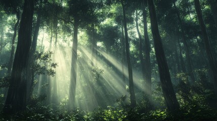 Fototapeta premium A forest with sunlight shining through the trees