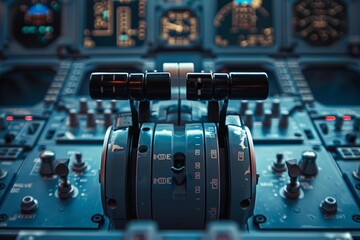 Close up of airplane thrust levers with illuminated control panel in the background