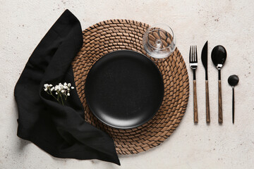 Stylish table setting with beautiful gypsophila flowers on white background