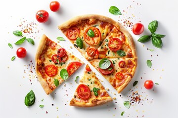 Pizza with tomatoes and basil on white background with fresh ingredients