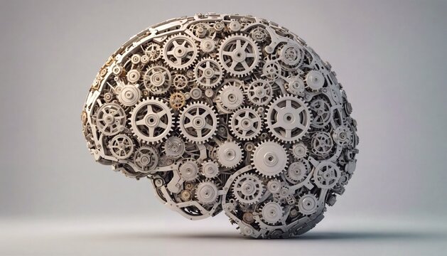 Cerebro construido de engranes color blanco, divertidos creatividad, neurologia, neuropediatria. 