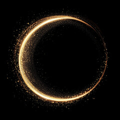 Gold glitter circle of light shine sparkles and golden spark particles in circle frame on black background. Christmas magic stars glow, firework confetti of glittery ring shimmer