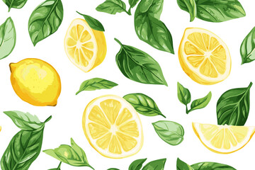 Watercolor vector illustrations of lemons and basil leaves. ripe lemon with green leaves on a white background for your design