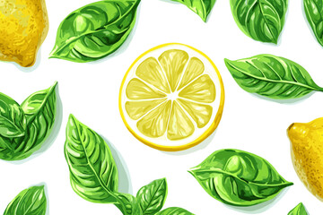 Watercolor vector illustrations of lemons and basil leaves. ripe lemon with green leaves on a white background for your design
