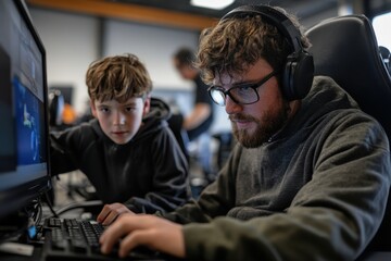 A man and young boy collaborate on a computer project, demonstrating teamwork, educational involvement, and fostering technical skills in a supportive learning environment.
