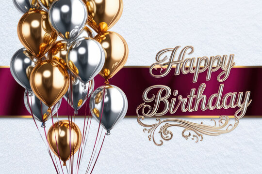 Silver and gold balloon for celebrating.Happy birthday on white background. AI