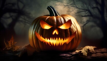 halloween night scene with illuminated carved pumpkin, spooky jack-o'-lantern with menacing face, halloween holiday decoration on wooden surface