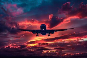 Passenger airplane is flying over dramatic red clouds during sunset