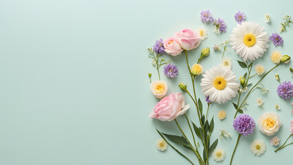 A flower arrangement with a variety of flowers including daisies, roses