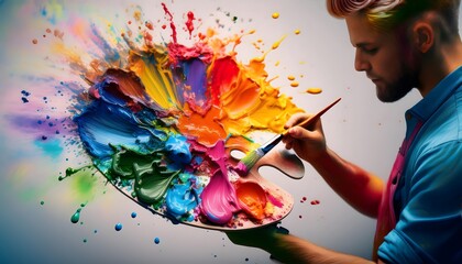 colorful artist's paint palette with vibrant splashes, creative painting materials on white palette, close-up of hand holding palette with mixed colors