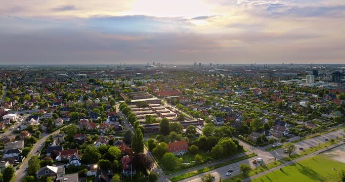 Aerial drone view of Amager Beachpark seaside public park in Copenhagen, Denmark