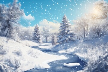 Fototapeta premium Serene Winter Wonderland: A High-Detail Hand-Drawn Snowy Landscape in Anime Style, Celebrating the Season's Charm with Precision and Cozy Warmth,Abstract concepts, game concept art