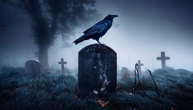 dark and mysterious black crow on gravestone, perfect for gothic art, halloween decorations, and spooky scenes, capturing the essence of death, mystery, and the supernatural