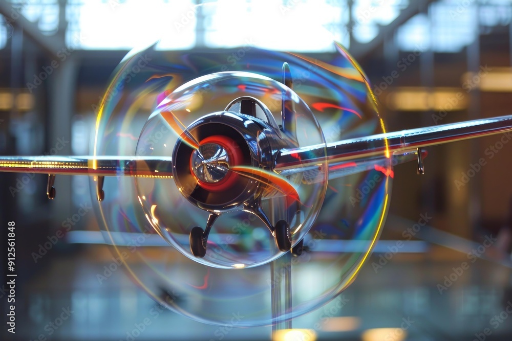 Poster miniature airplane rotating inside a large soap bubble, creating a mesmerizing display of colors and