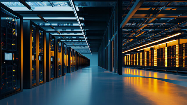 a large cryptocurrency mining farm, with rows of servers and cooling units stretching into the distance