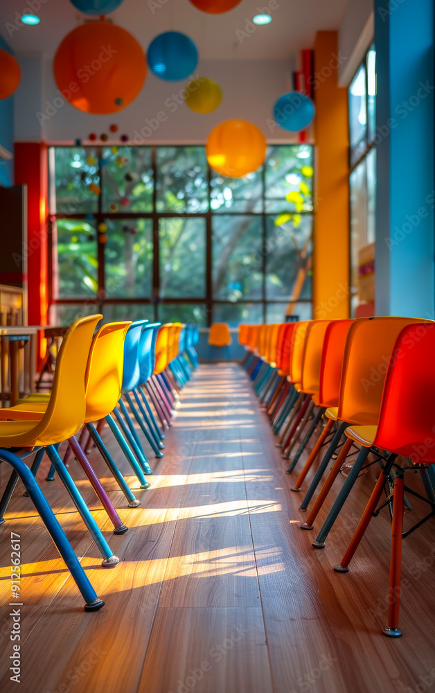 Poster a long row of colorful chairs are lined up in a room. the chairs are arranged in a way that they are