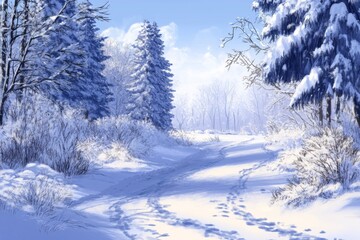 Obraz premium Serene Winter Wonderland: A High-Detail Hand-Drawn Snowy Landscape in Anime Style, Celebrating the Season's Charm with Precision and Cozy Warmth,Abstract concepts, game concept art