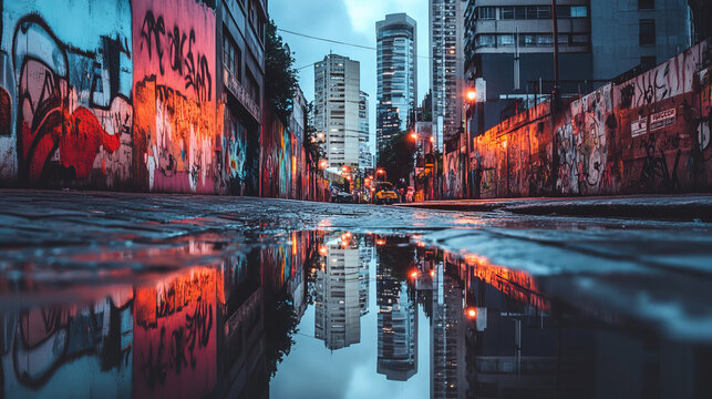 Modern buildings with graffiti, bright lanterns illuminate the street. The shadows of skyscrapers and reflections of multicolored lights in puddles give the scene an energetic look.

