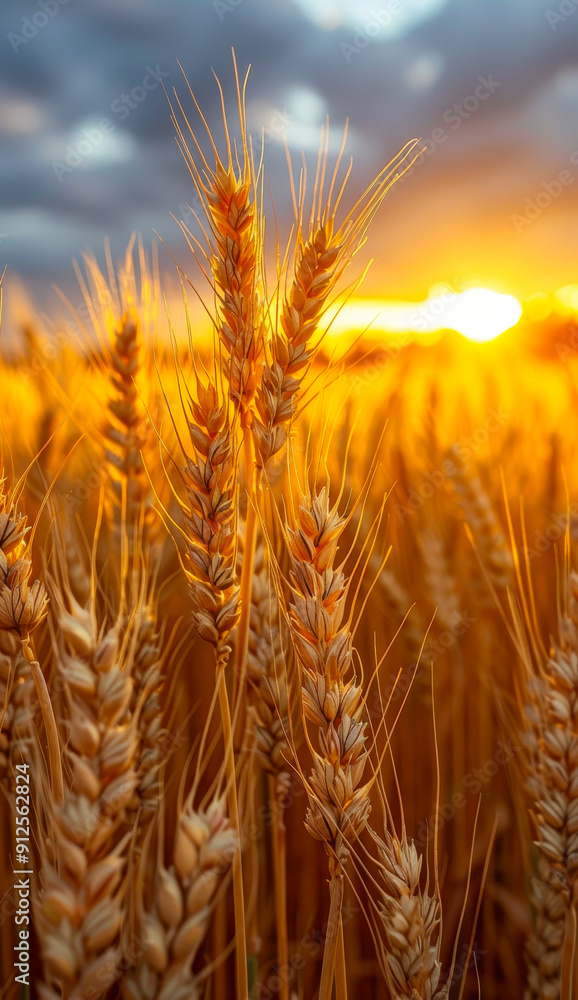 Poster a field of golden wheat with the sun setting in the background