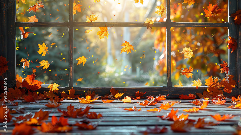 Poster empty tabletop, window with flying red and yellow leaves - can be used to display or mount your prod
