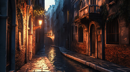 Fototapeta premium A deserted alley with narrow canals and ancient bridges. Lanterns and reflections of gondolas in the water add romance and mystery to the scene.