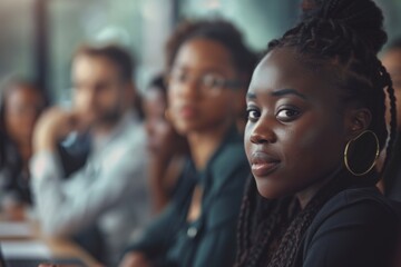 Obraz premium Young black businesswoman in focus during a office meeting