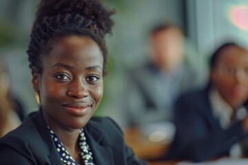 Young black businesswoman in focus during a office meeting