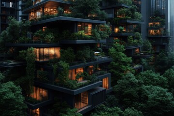 Fototapeta premium An urban building extensively covered in greenery, epitomizing sustainable living. The evening ambiance, with lights on, adds to the architectural beauty and tranquility.