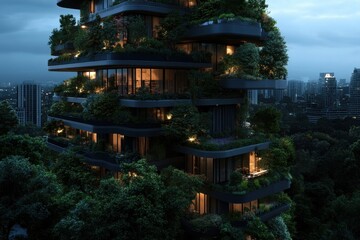 A towering vertical forest seamlessly blended into the urban landscape, integrating trees and plants with modern architecture. This evening shot captures city life merging with nature.