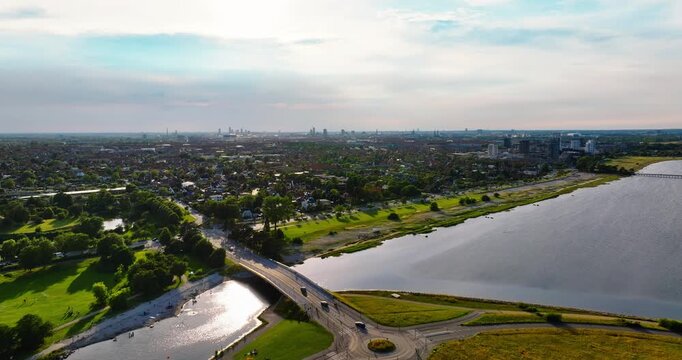 Aerial drone view of Amager Beachpark seaside public park in Copenhagen, Denmark