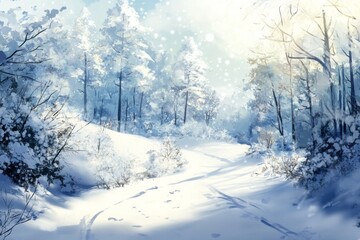 Fototapeta premium Serene Winter Wonderland: A High-Detail Hand-Drawn Snowy Landscape in Anime Style, Celebrating the Season's Charm with Precision and Cozy Warmth,Abstract concepts, game concept art