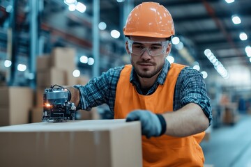 A dedicated warehouse worker wearing protective gear carefully manages packages using modern technology in a secure and efficient storage environment.
