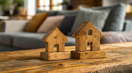 Two wooden houses are sitting on a wooden table