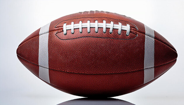 A perfectly shaped classic brown American football with white stripes on a clean white background image.