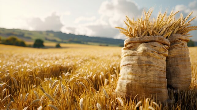 Some sacks filled with wheat on a wheat field, beginning of autumn, Field, good harvest