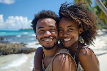 Obraz premium Portrait of a smiling young African American couple at the beach