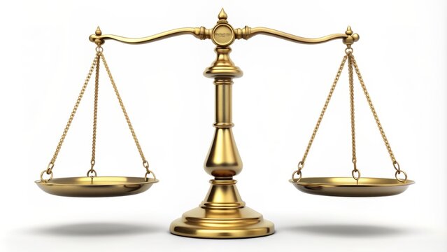 Isolated fairness scales of justice on a clean white background, symbolizing balance, equality, and impartiality in law and morality, with soft shadows for depth.