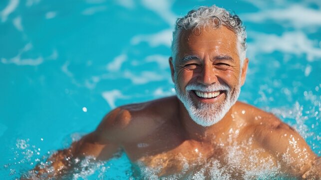 A joyous senior man with a white beard enjoys a refreshing swim in a sparkling blue pool, essence of active retirement and carefree living.