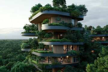 A modern building showcases multiple terraces, each adorned with lush greenery, providing a...