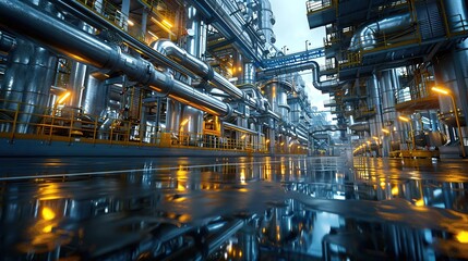 Obraz premium Industrial Complex 3D Render with Wet Floor and Reflections