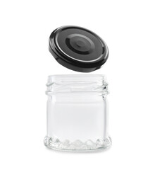 Lid in air over jar isolated on white