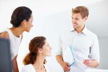 Obraz premium Colleagues, talking and man with file, business and discussion of group with documents of project. Office, people and smile for paperwork with intern of creative company, web developer or information