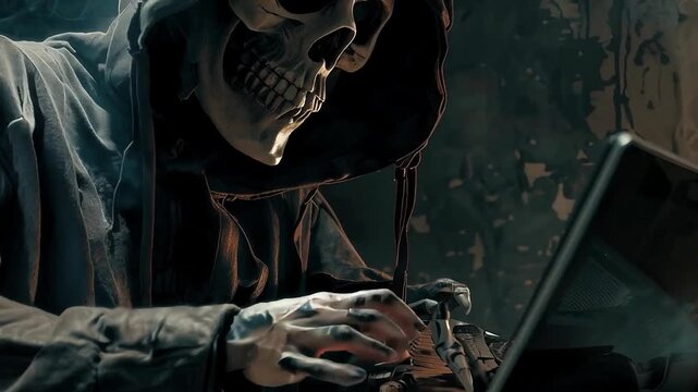 Mysterious hacker with skull mask working in the darkness