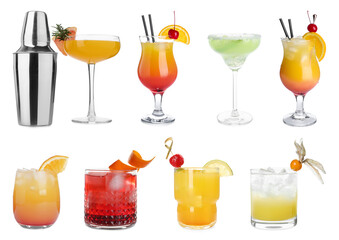 Many different cocktails in glasses isolated on white, collection