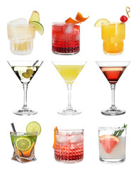 Many different cocktails in glasses isolated on white, collection